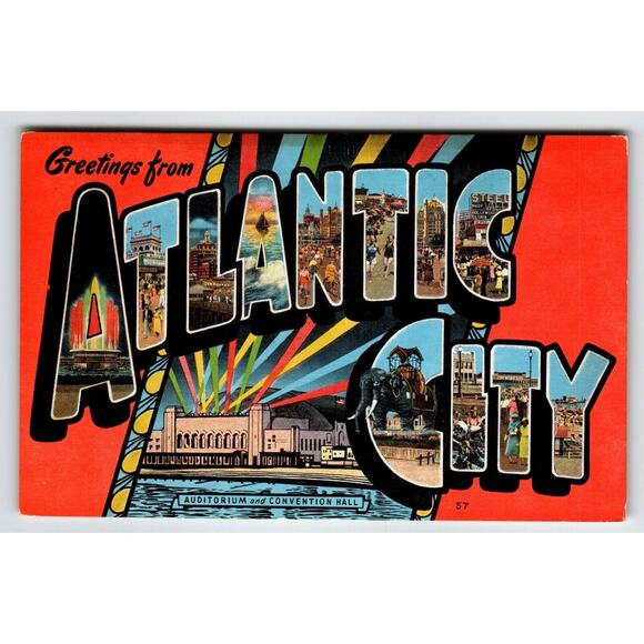 Greetings Atlantic City New Jersey Large Big Letter Linen Postcard Lucy Elephant - Picture 1 of 2